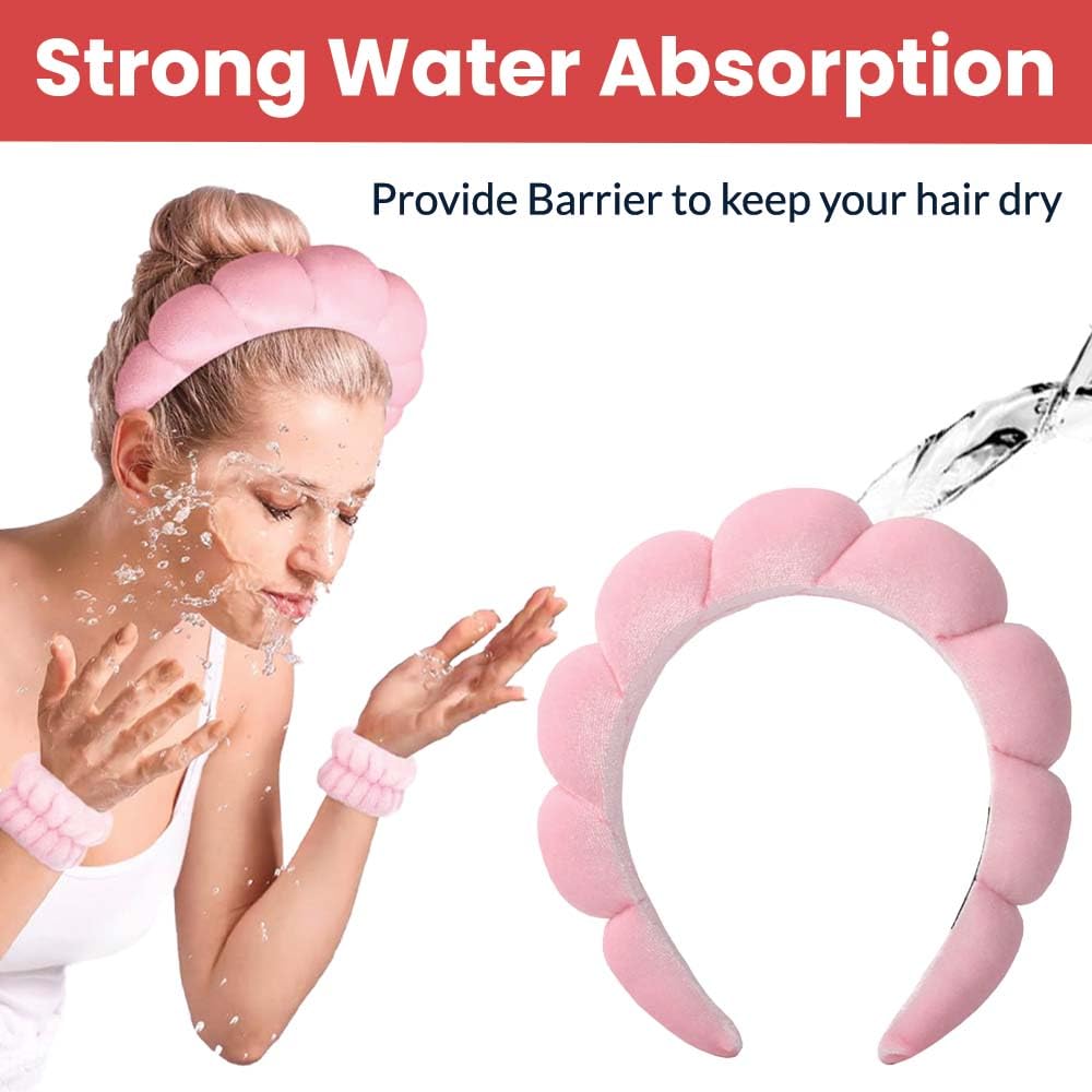 Pink padded spa headband with two wrist wash bands for skincare and face washing
