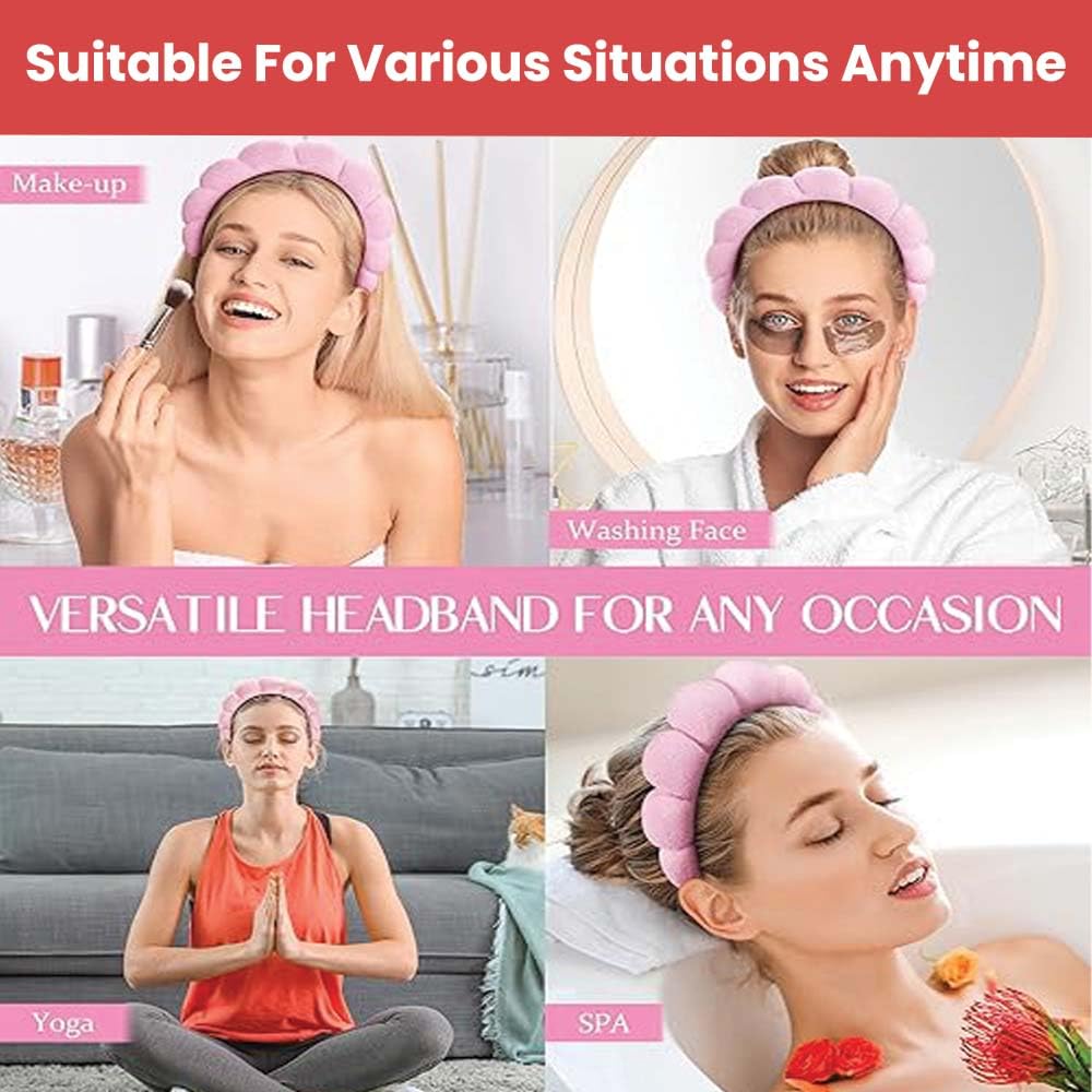 Pink padded spa headband with two wrist wash bands for skincare and face washing