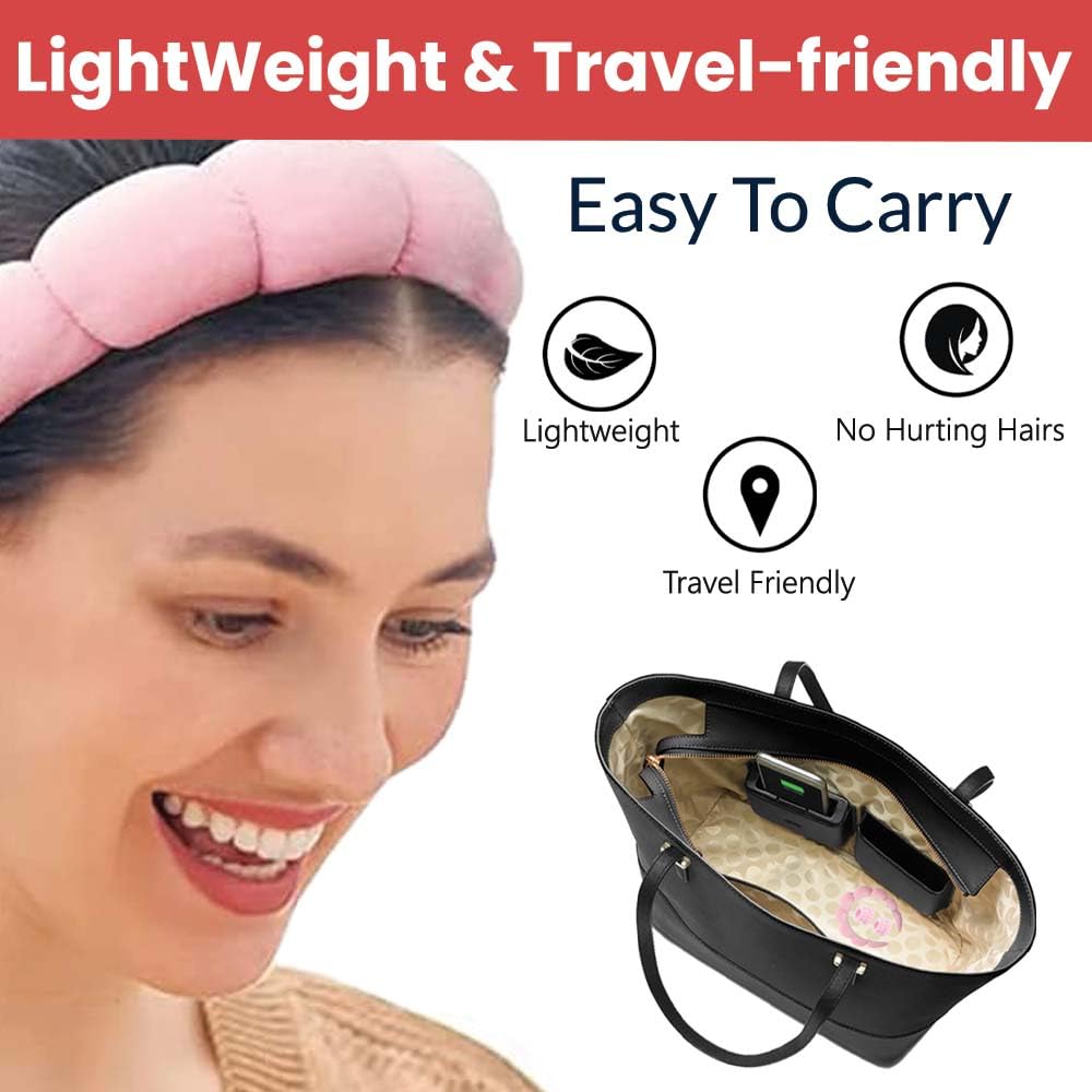 Woman wearing a pink headband with text highlighting features like 'Lightweight', 'No Hurting Hairs', and 'Travel Friendly'.