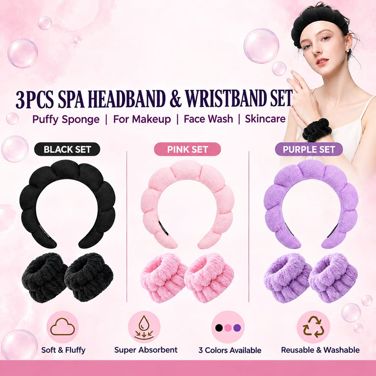 Pink padded spa headband with two wrist wash bands for skincare and face washing