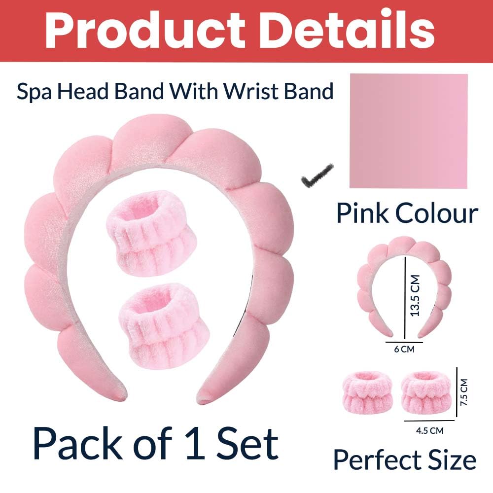Pink padded spa headband with two wrist wash bands for skincare and face washing