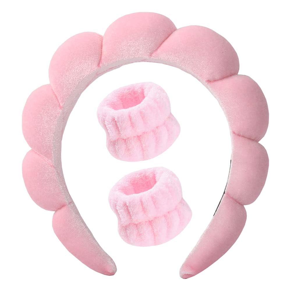 Pink padded spa headband with two wrist wash bands for skincare and face washing
