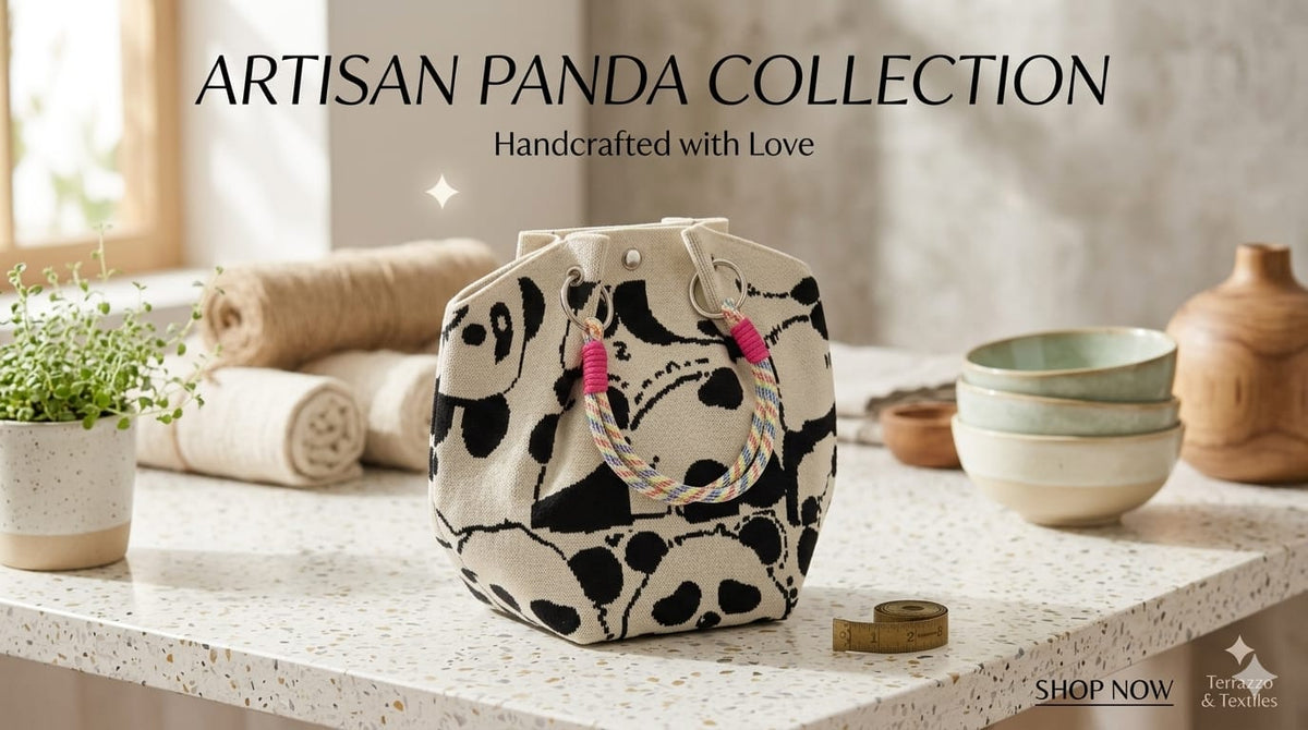 Shop a cute white and black panda-pattern knitted tote handbag with colourful dual handles and roomy design. Trendy everyday carry bag for women and girls.