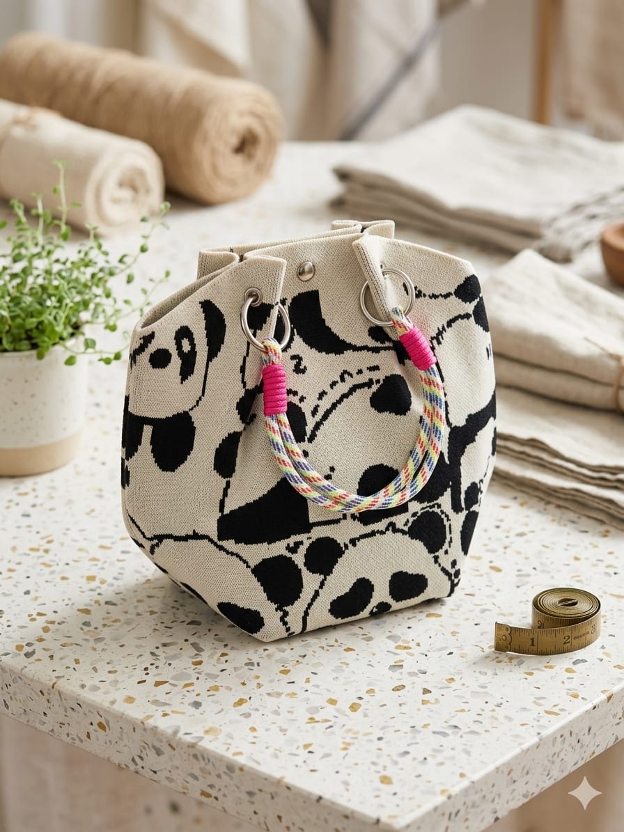 Shop a cute white and black panda-pattern knitted tote handbag with colourful dual handles and roomy design. Trendy everyday carry bag for women and girls.