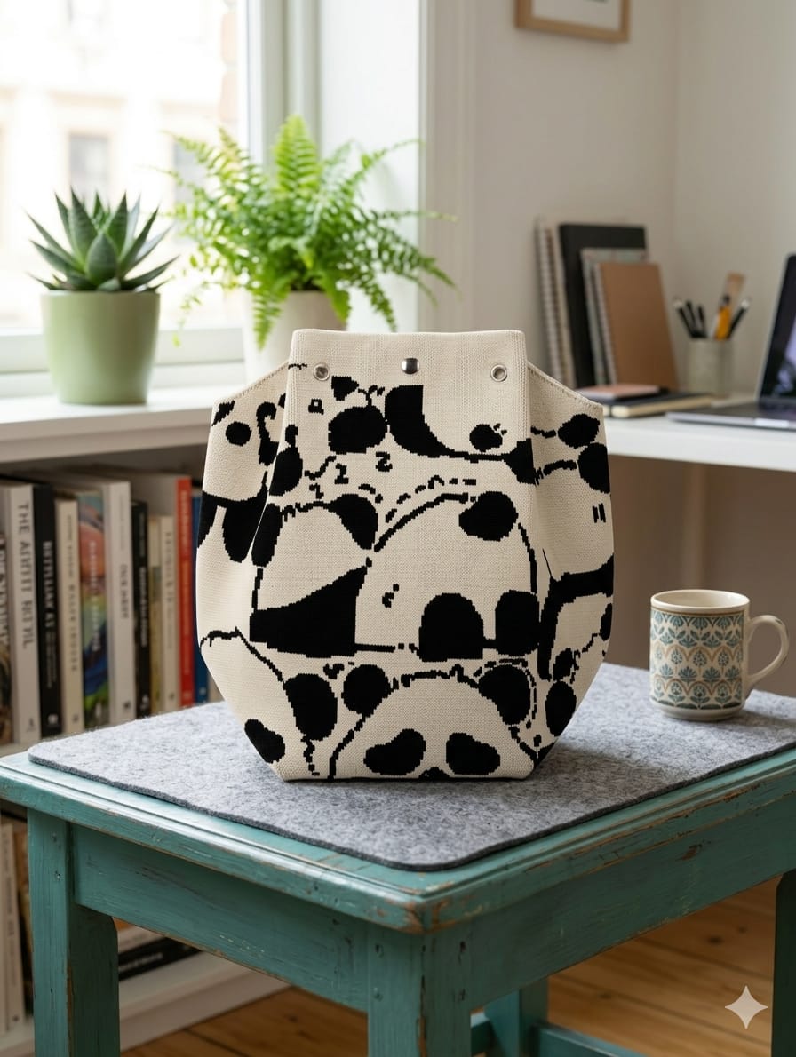 Shop a cute white and black panda-pattern knitted tote handbag with colourful dual handles and roomy design. Trendy everyday carry bag for women and girls.