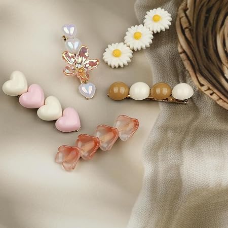Pastel pink white heart daisy floral decorative hair clip set for women and girls