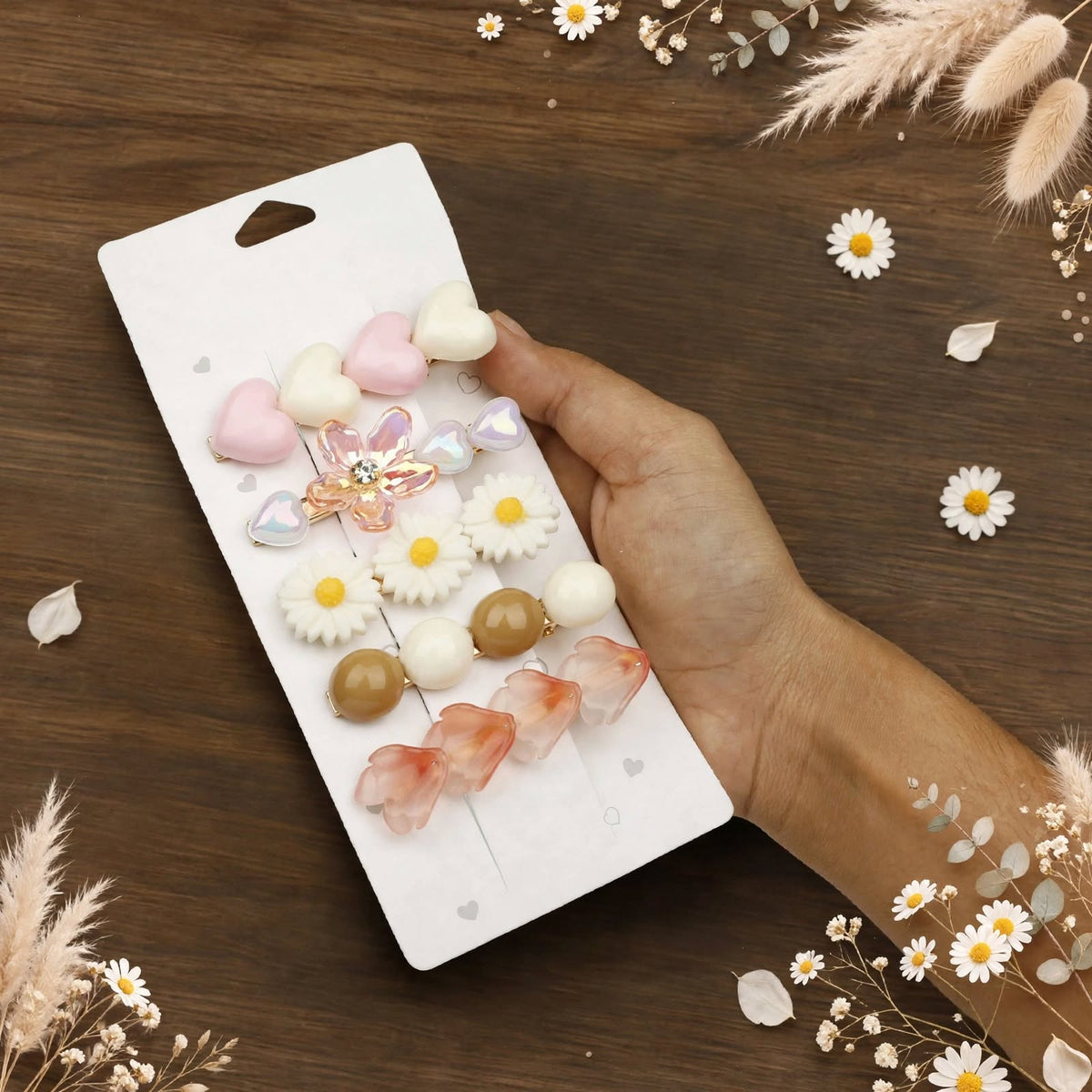 Pastel pink white heart daisy floral decorative hair clip set for women and girls