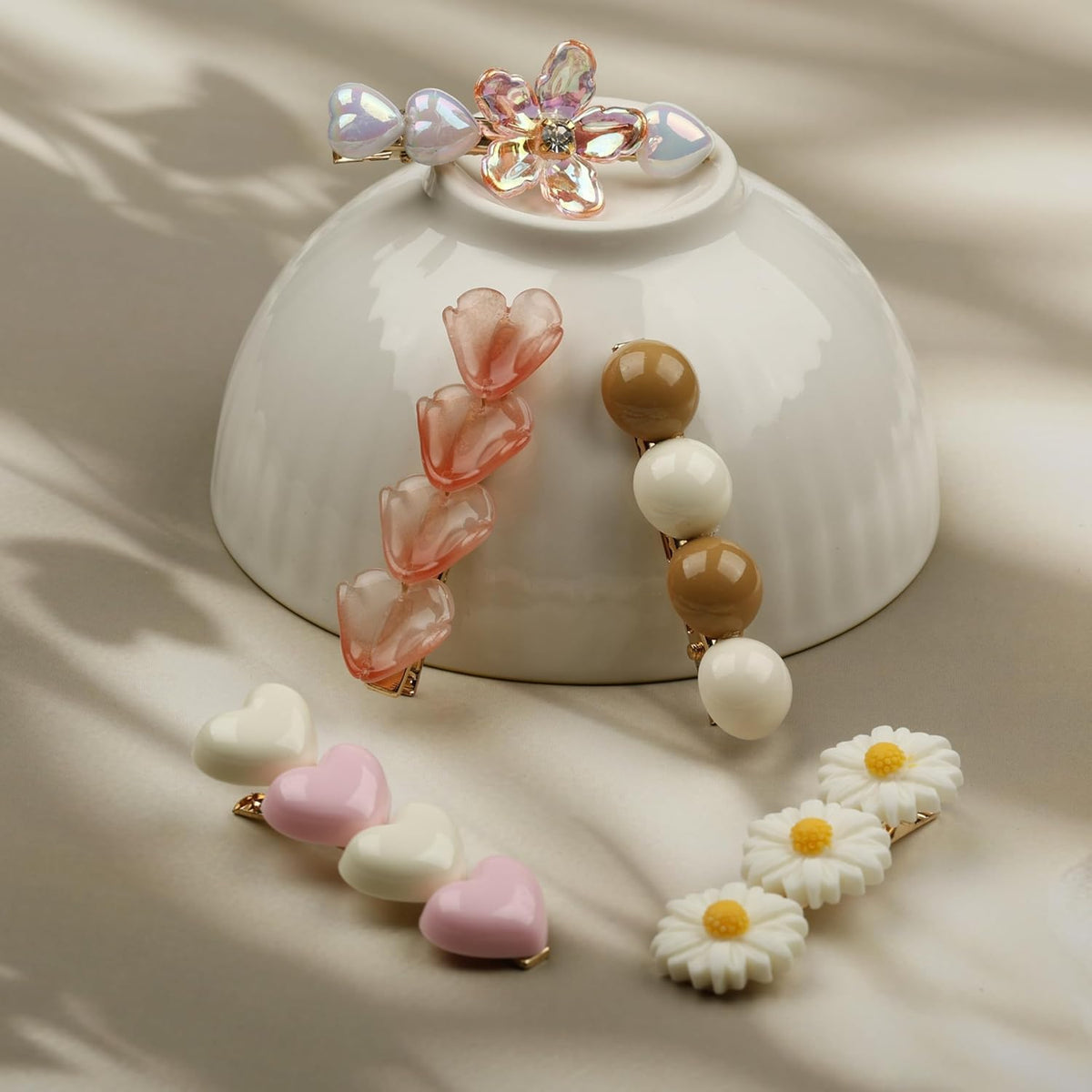 Pastel pink white heart daisy floral decorative hair clip set for women and girls