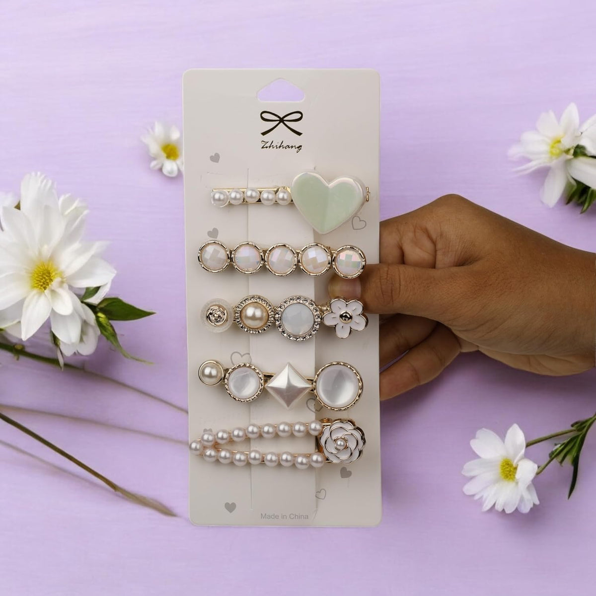 Pearl heart floral and gold tone decorative hair clip set for women and girls