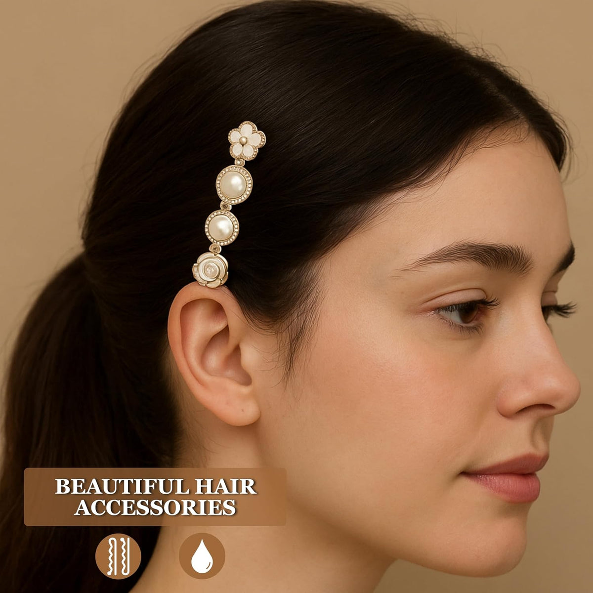 Pearl heart floral and gold tone decorative hair clip set for women and girls