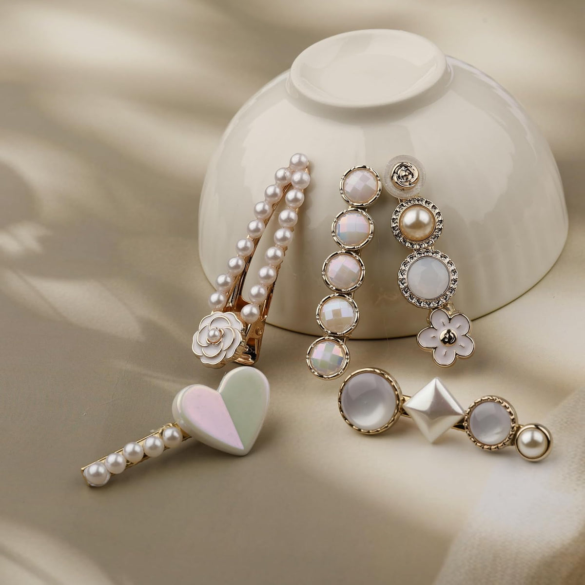Pearl heart floral and gold tone decorative hair clip set for women and girls