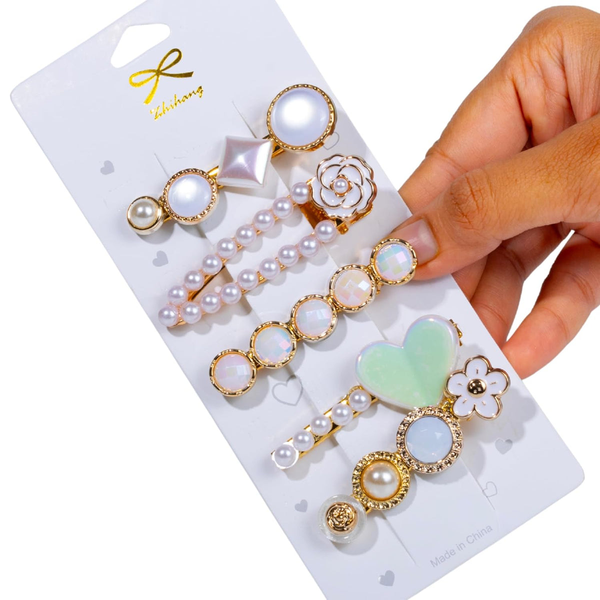 Pearl heart floral and gold tone decorative hair clip set for women and girls