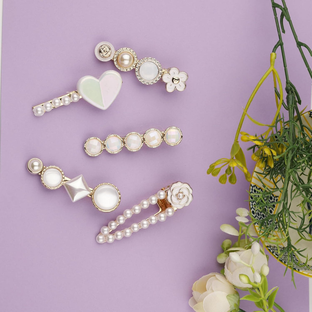 Pearl heart floral and gold tone decorative hair clip set for women and girls