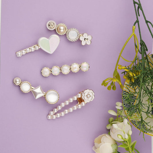 Pearl heart floral and gold tone decorative hair clip set for women and girls