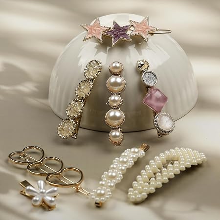Pearl star flower crystal gold tone decorative hair clips set for women and girls