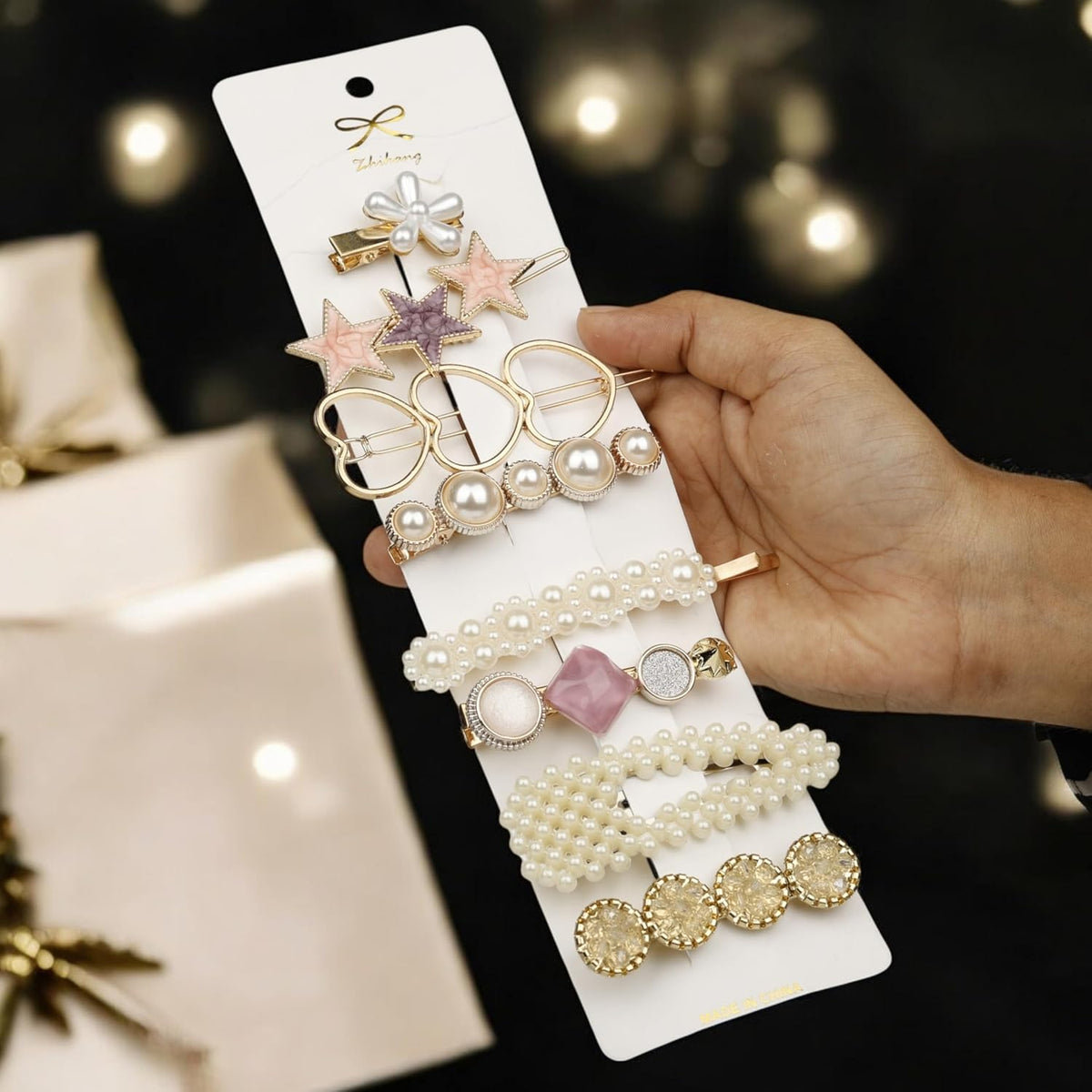Pearl star flower crystal gold tone decorative hair clips set for women and girls