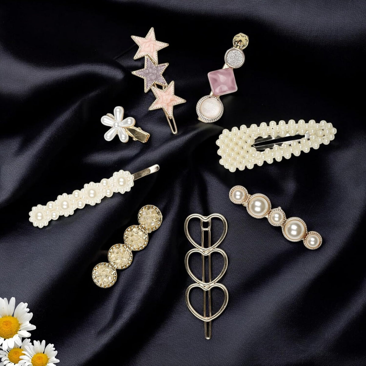 Pearl star flower crystal gold tone decorative hair clips set for women and girls