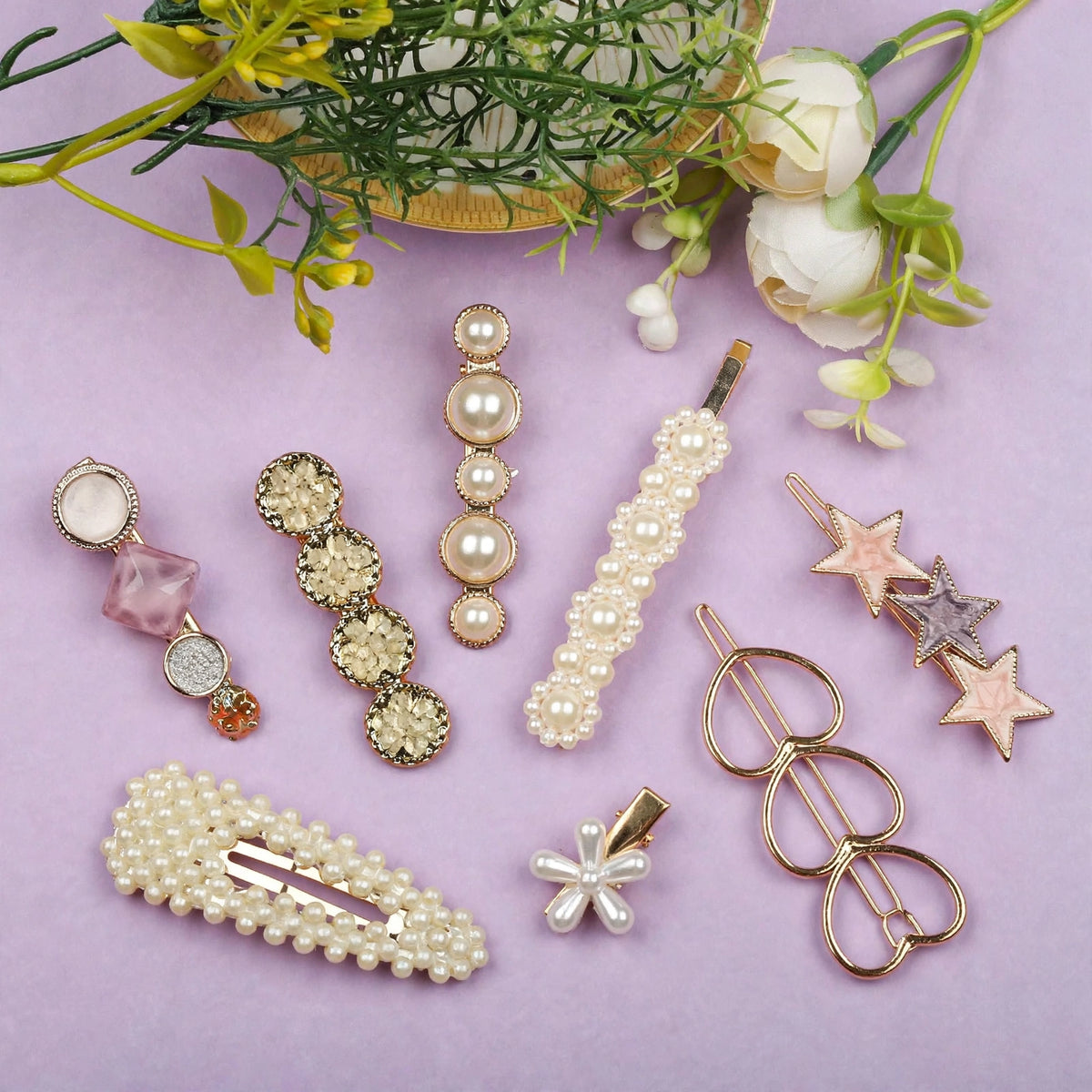 Pearl star flower crystal gold tone decorative hair clips set for women and girls