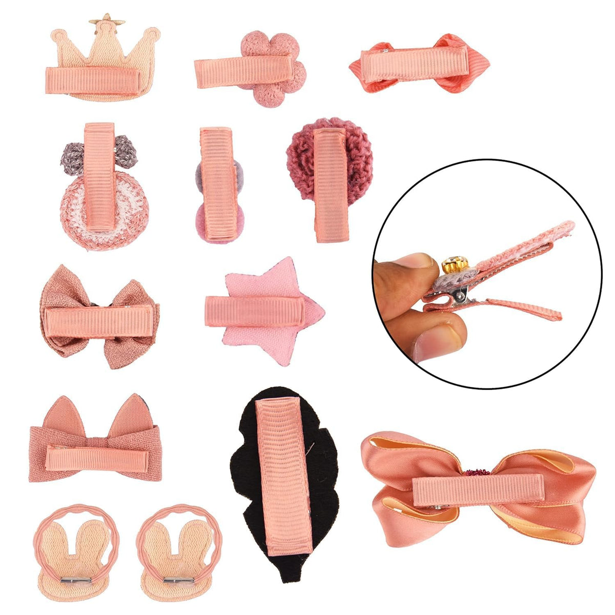 A set of 15 pastel pink and peach hair clips for kids, including bows, crowns, stars, bunny ears, and pom-poms, displayed on a white background with a circular inset showing a hand holding one of the clips.