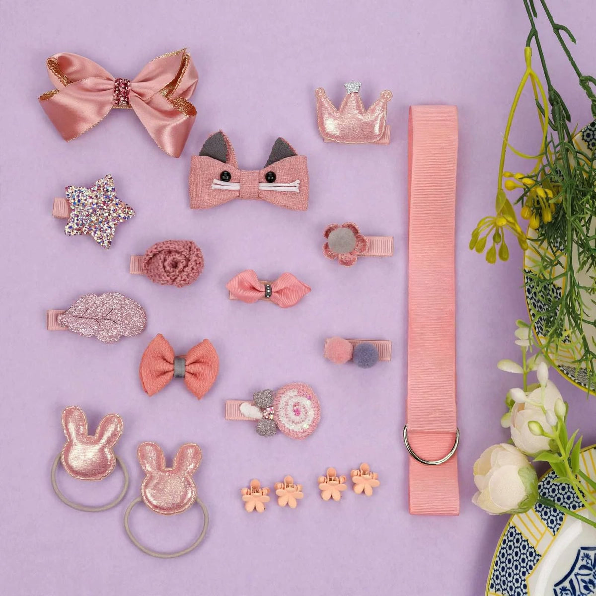 Pink hair accessories set for girls with bow bunny crown star flower hair clips and hair ties