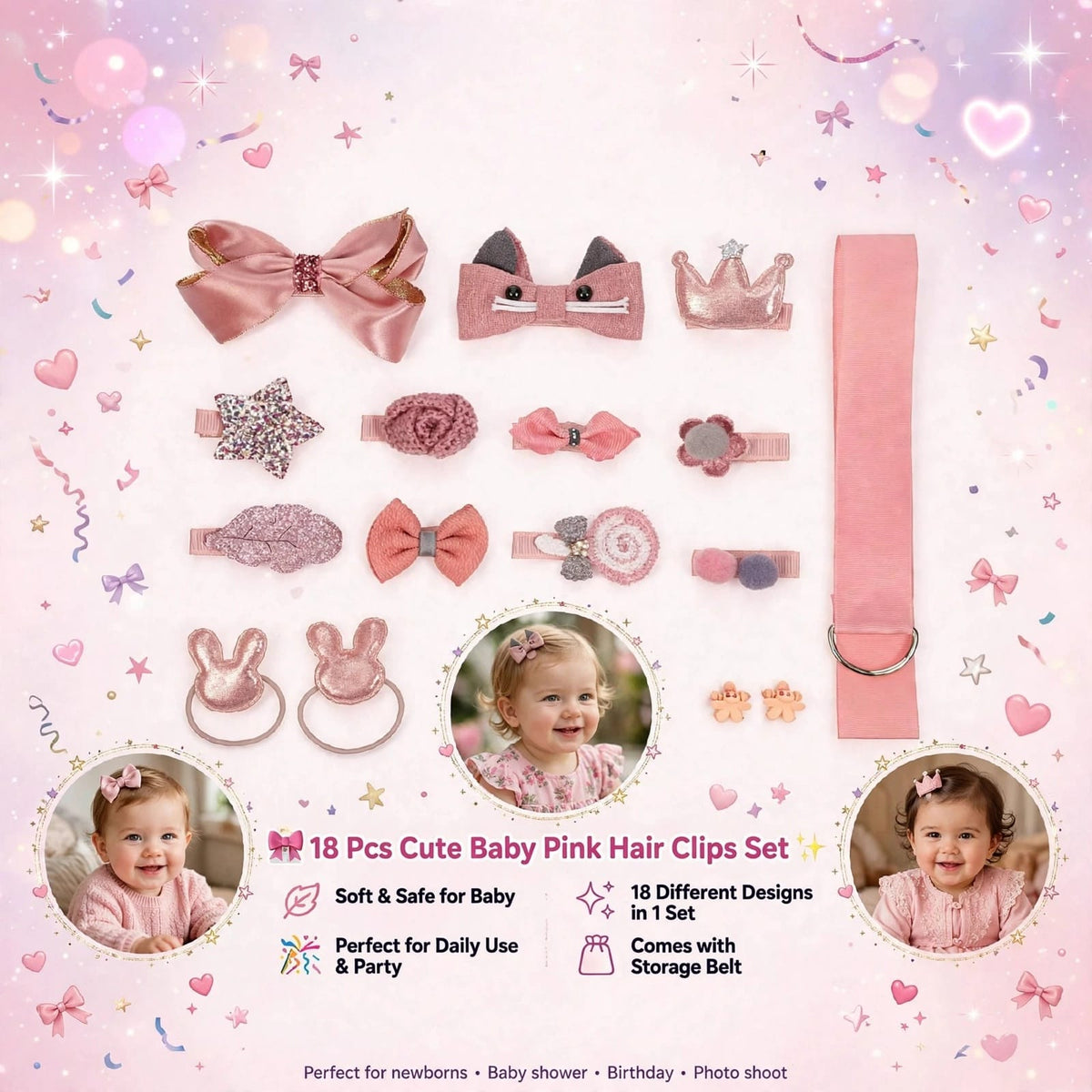 A pink baby hair clip set displayed on a pastel pink background with decorative hearts, stars, and sparkles. The set includes multiple bows, clips, a crown-shaped clip, bunny ears, rings, and a long storage belt, with three circular baby photos and product text callouts.