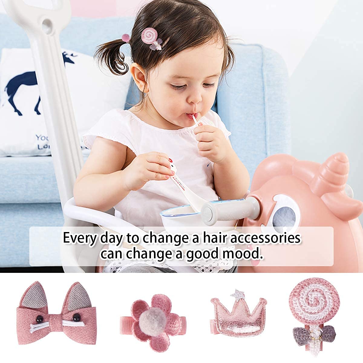 A young child sitting in a high chair using a pink unicorn-shaped toothbrush holder, with four pink hair accessory clips shown below: a bow, a flower, a crown, and a lollipop. Text on the image reads, 'Every day to change a hair accessories can change a good mood.