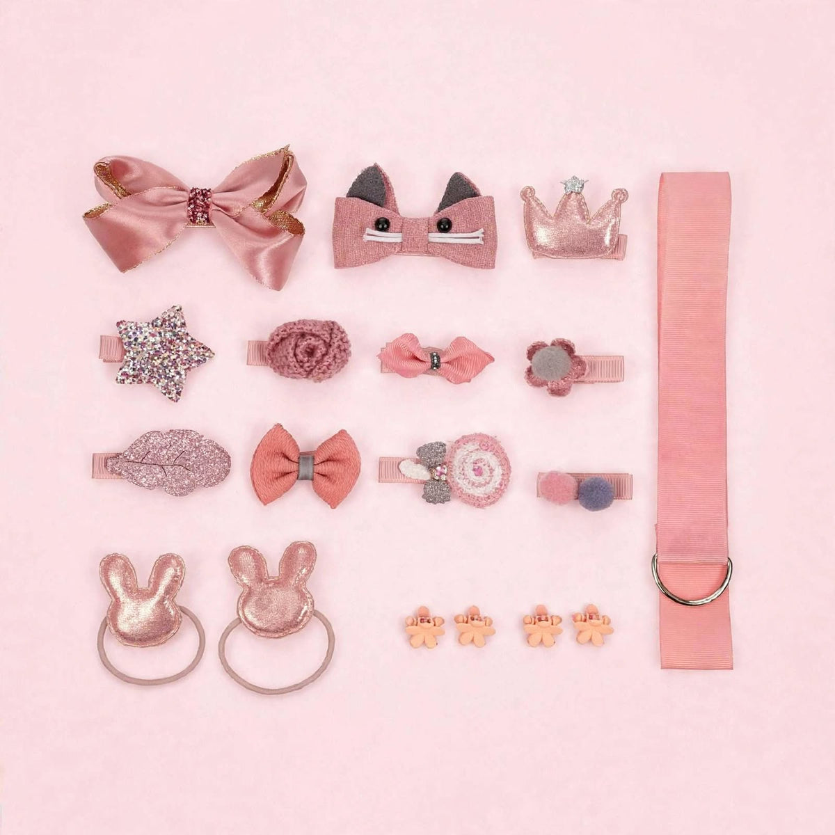 Pink hair accessories set for girls with bow bunny crown star flower hair clips and hair ties
