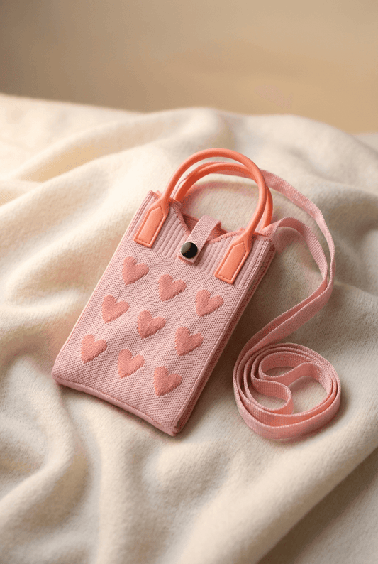 Pink knitted heart design mini sling handbag for women and girls with shoulder strap