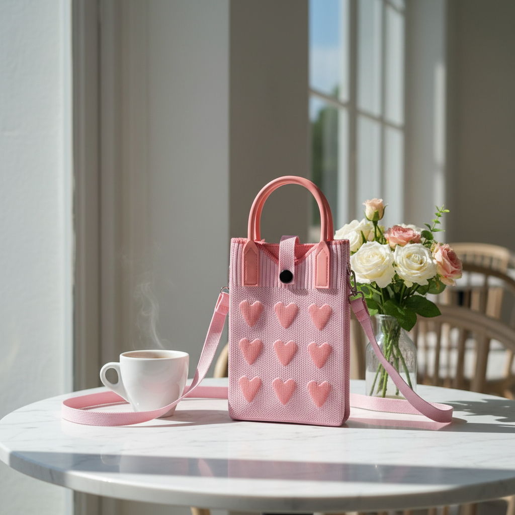 Pink knitted heart design mini sling handbag for women and girls with shoulder strap
