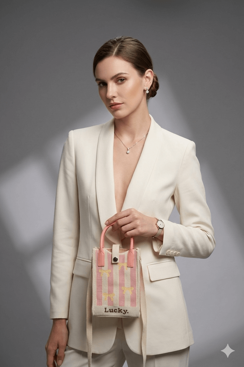 Pink and cream striped knitted mobile sling bag with yellow bow motifs and long shoulder strap