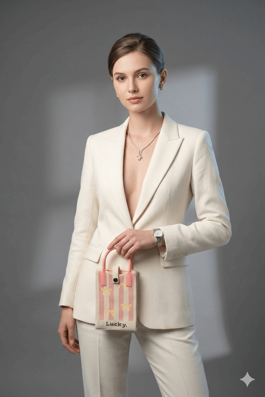 Pink and cream striped knitted mobile sling bag with yellow bow motifs and long shoulder strap