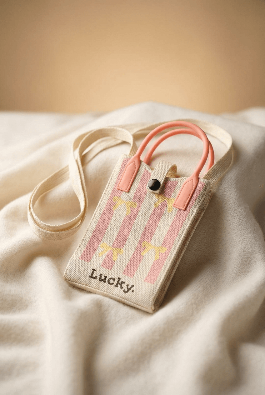 Pink and cream striped knitted mobile sling bag with yellow bow motifs and long shoulder strap