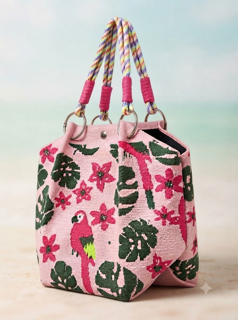 Pink tropical parrot print handbag for women with floral green leaf design and multicolour rope handle