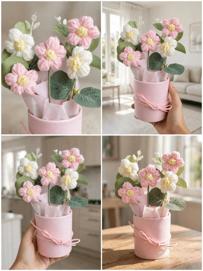 Five pink and white crochet-style flowers with yellow centres, decorative green leaves, white floral accents and wrapping arranged in a pastel pink cylindrical gift box.