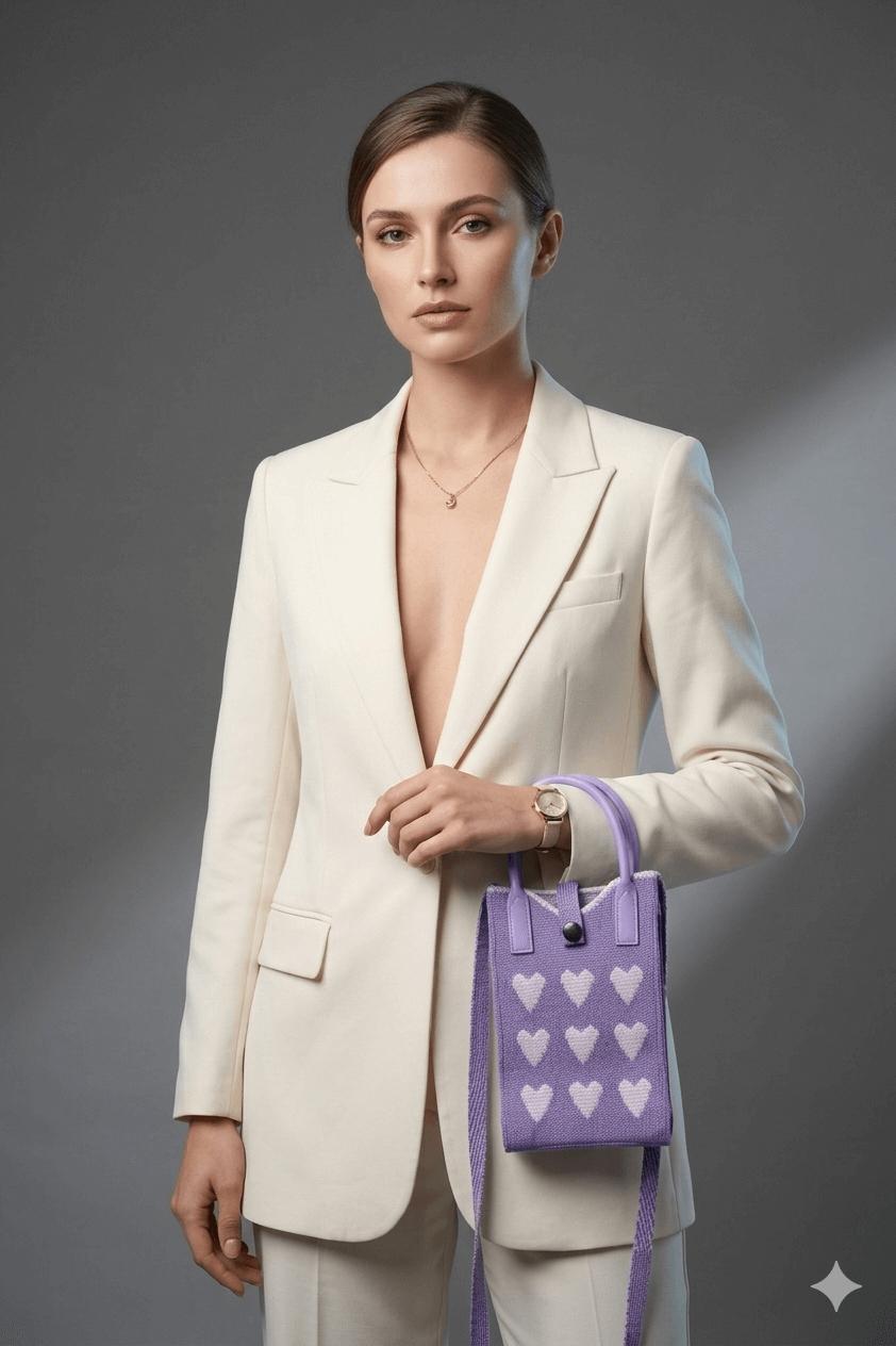 Purple knitted mobile sling bag with white heart design and long shoulder strap for women and girls
