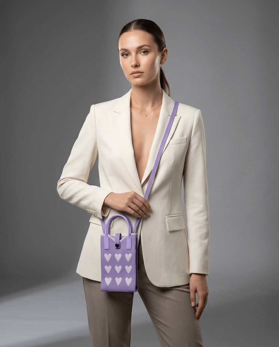 Purple knitted mobile sling bag with white heart design and long shoulder strap for women and girls