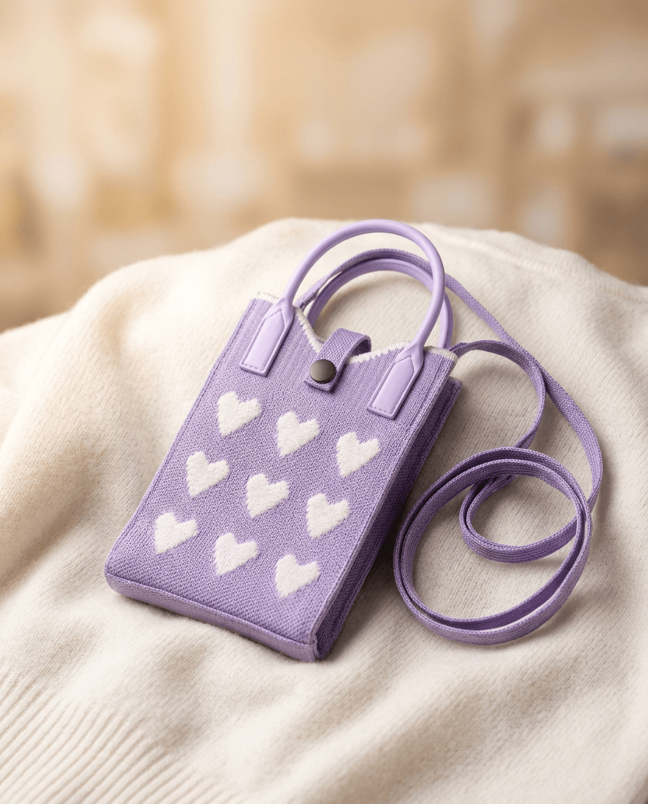 Purple knitted mobile sling bag with white heart design and long shoulder strap for women and girls