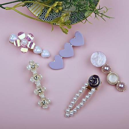 Purple heart pearl floral smiley decorative hair clips set for women and girls