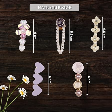 Purple heart pearl floral smiley decorative hair clips set for women and girls