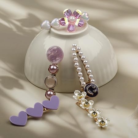 Purple heart pearl floral smiley decorative hair clips set for women and girls