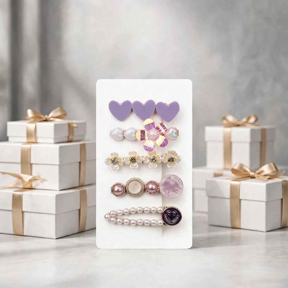 Purple heart pearl floral smiley decorative hair clips set for women and girls
