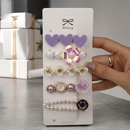 Purple heart pearl floral smiley decorative hair clips set for women and girls