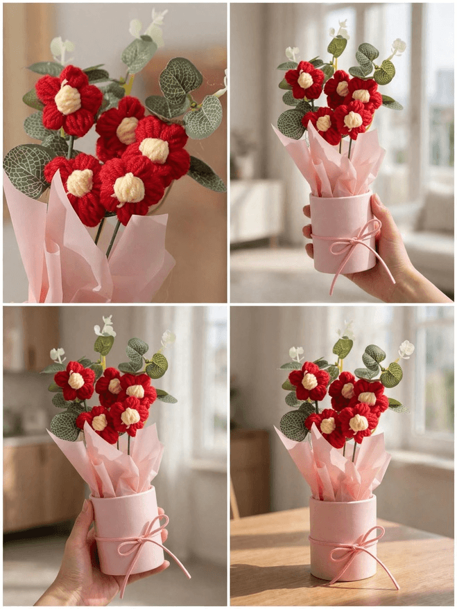 Five red crochet-style flowers with cream-white centres, decorative green leaves and white wrapping arranged in a pastel pink cylindrical gift box with ribbon.