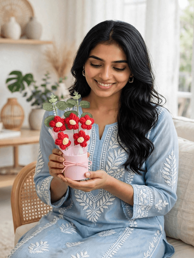 Five red crochet-style flowers with cream-white centres, decorative green leaves and white wrapping arranged in a pastel pink cylindrical gift box with ribbon.