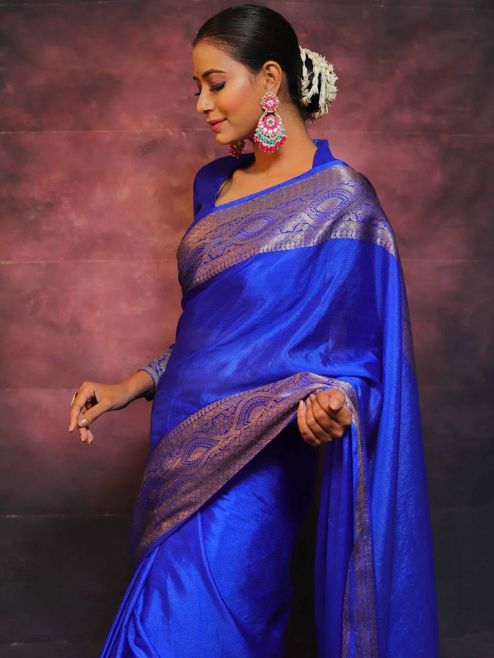 DEVHEER royal blue silk saree for women with woven border