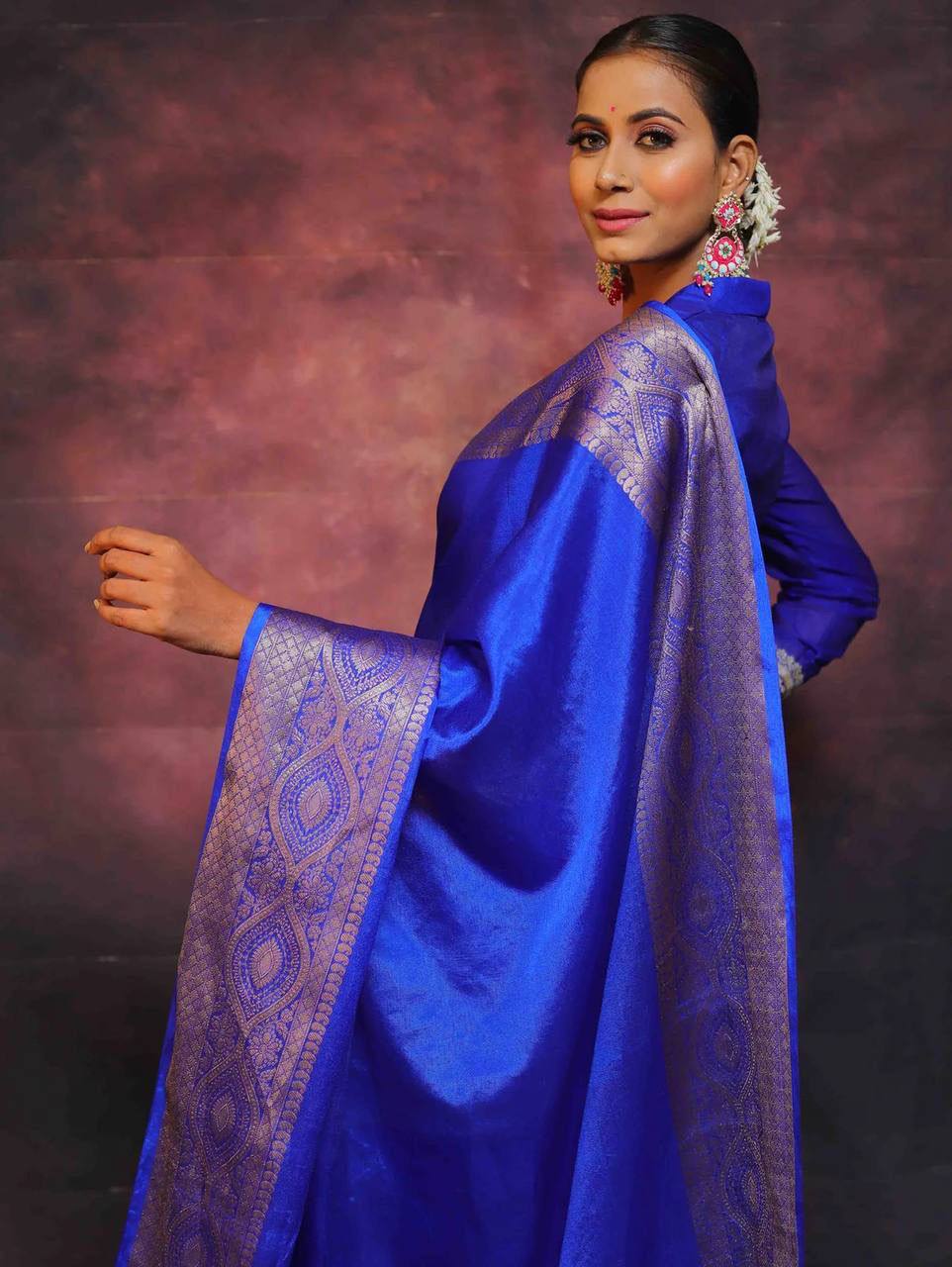 DEVHEER royal blue silk saree for women with woven border