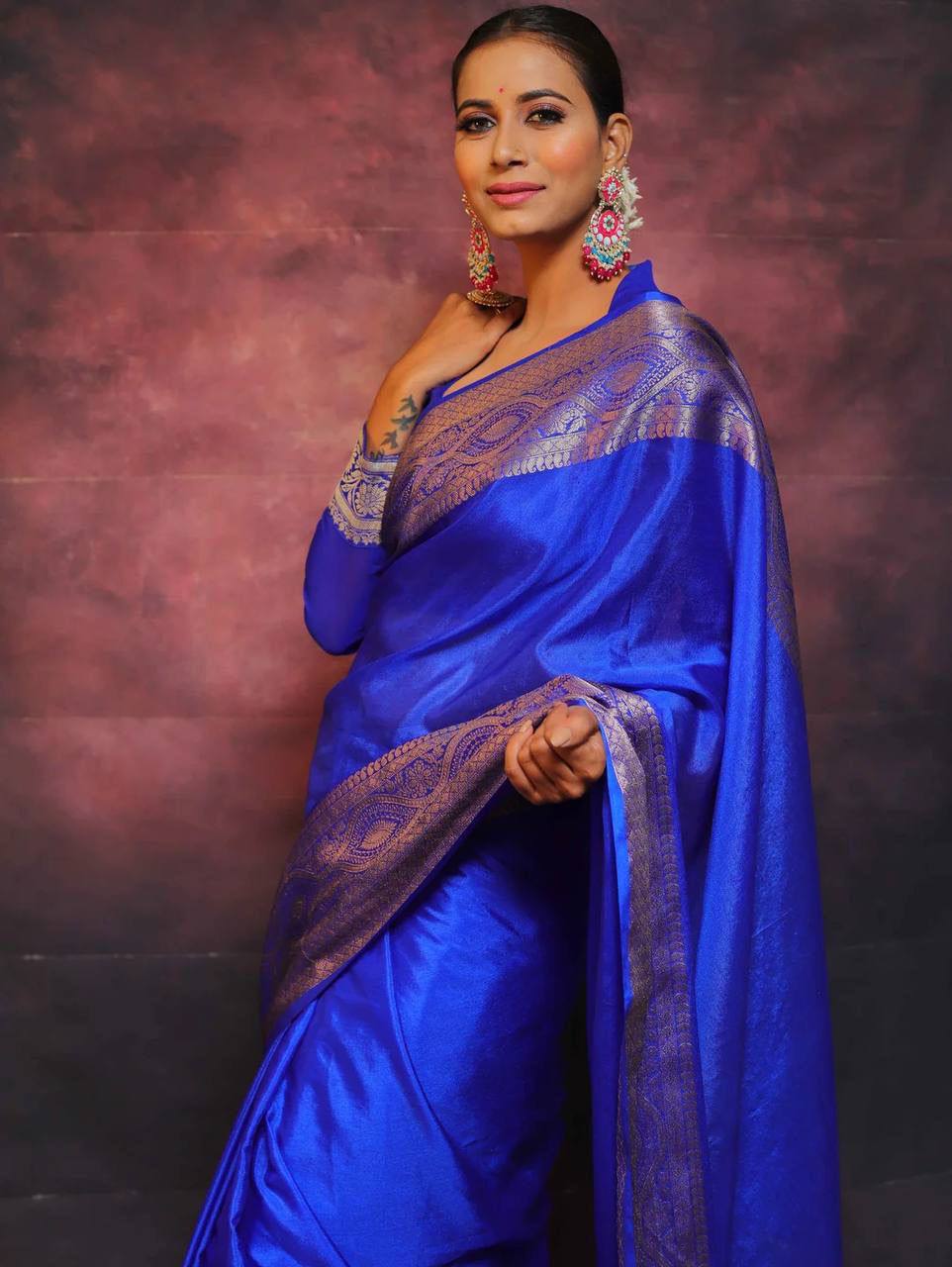 DEVHEER royal blue silk saree for women with woven border