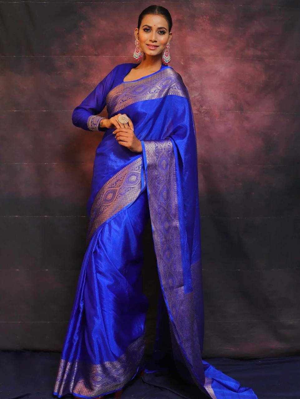 DEVHEER royal blue silk saree for women with woven border