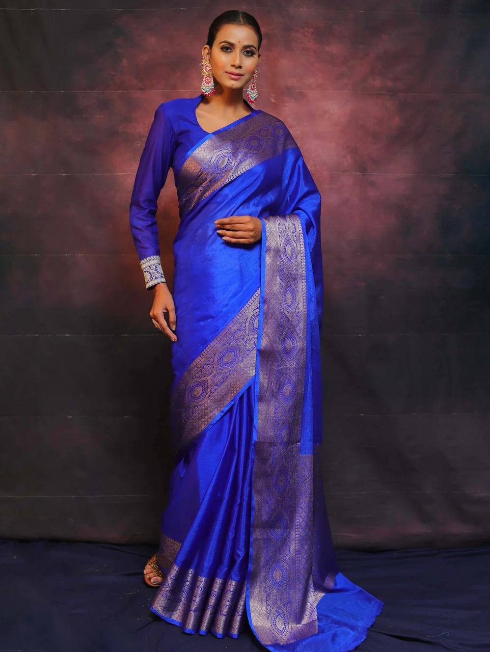 DEVHEER royal blue silk saree for women with woven border
