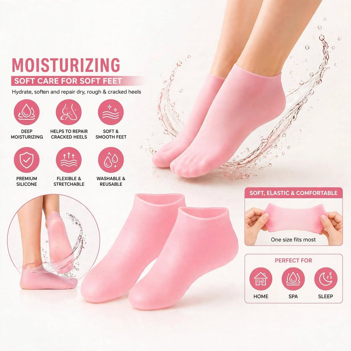 Pink silicone moisturizing gel socks for foot and heel care